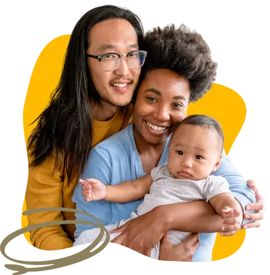 Person with yellow shirt long hair and glasses next to a person with curly hair and blue shirt holding a baby